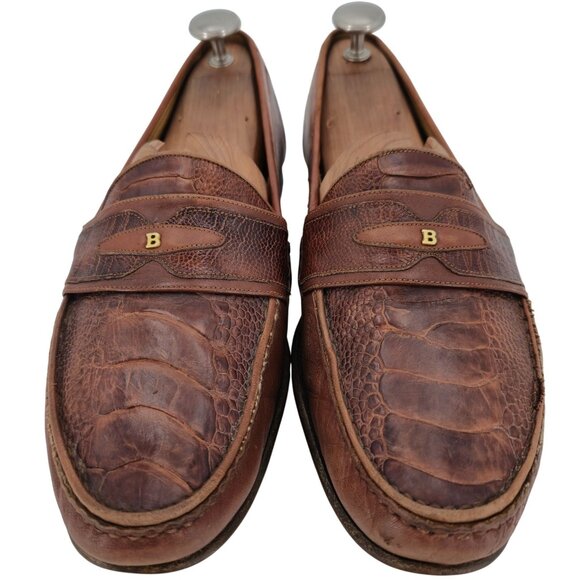 Vintage Bally Italy Exotic Ostrich Leg Leather Brown Loafers Mens 12 Dress Shoes - Picture 3 of 11